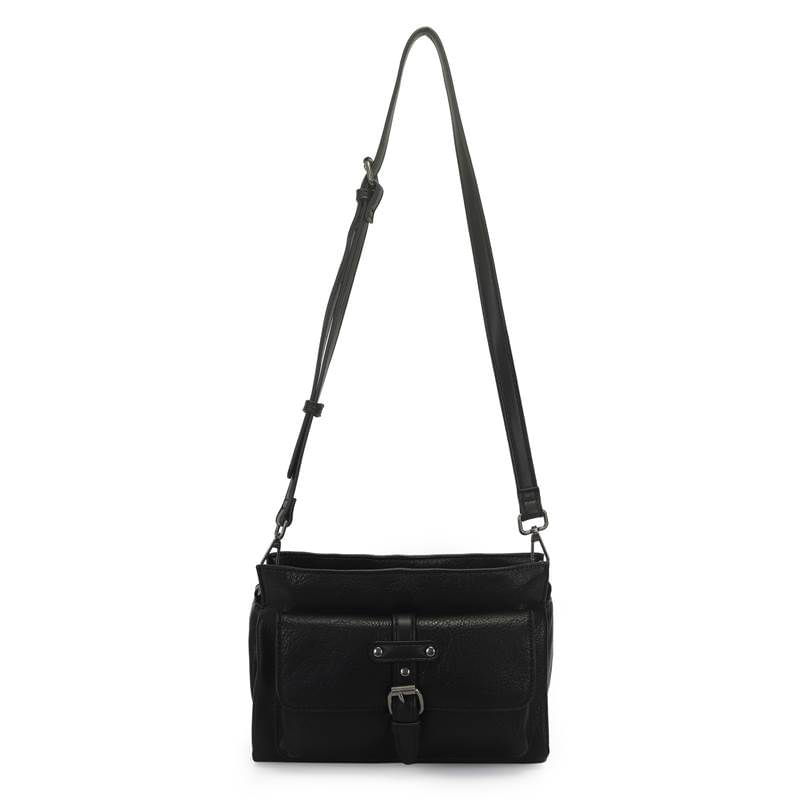 Bolsa tiracolo feminina preta da marca WJ em material sintético com textura semelhante a couro, vista frontal com alça ajustável e bolso com fivela metálica prateada